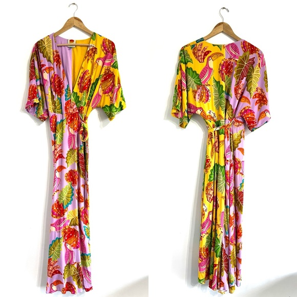 Farm Rio Mixed Beaks & Bananas Maxi Wrap Dress In Lilac colorful vacation - Picture 2 of 12